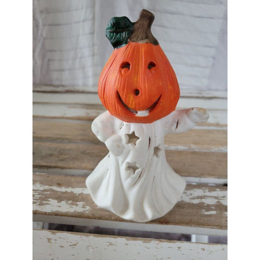 K ghost pumpkin tea light up ceramic Halloween vintage decor